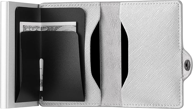 Card Blocr Womens Slim Wallet for Small Purses, Pop Up Wallet with Anti Theft RFID Blocking Credit Card Holder for Women in Platinum PU Saffiano Leather
