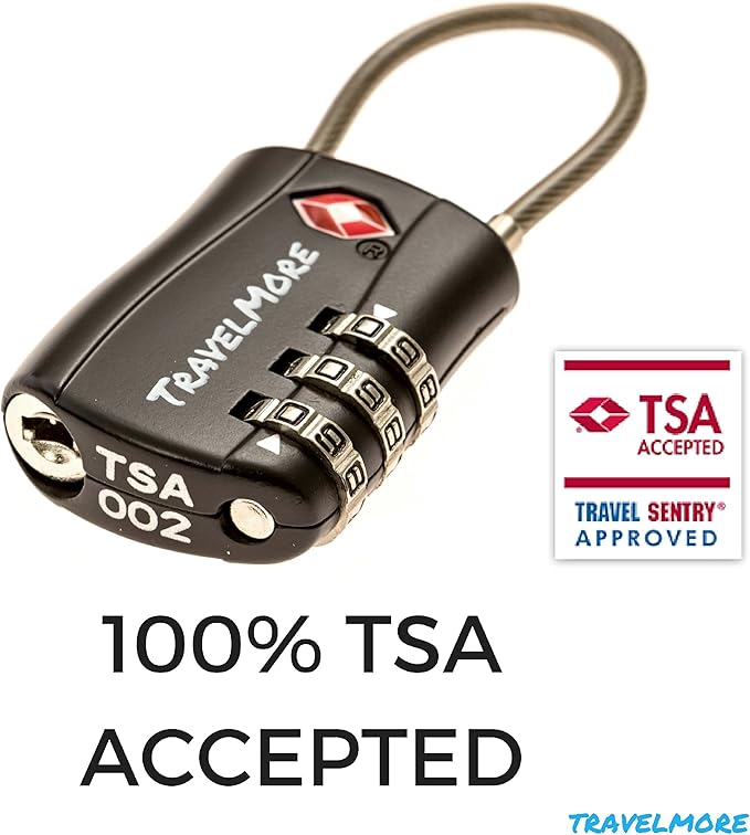 2 Pack TSA Approved Travel Combination Cable Luggage Locks for Suitcases & Backpacks - Black