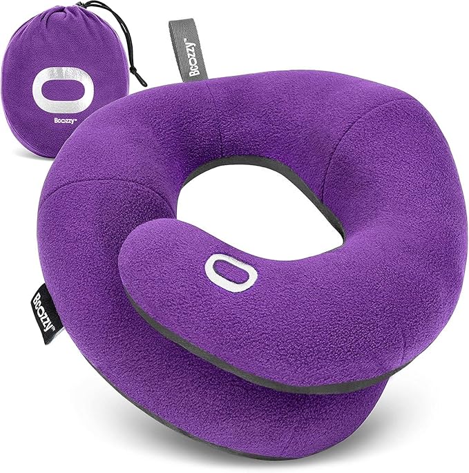 BCOZZY Travel Neck Pillow for Airplane– Patented Double Support for Head, Neck, and Chin. Best for Long Flights, Plane Sleeping, and Car Rides. Adjustable Size. Washable. Carry Bag. Large, Purple