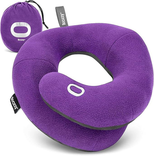 BCOZZY Travel Neck Pillow for Airplane– Patented Double Support for Head, Neck, and Chin. Best for Long Flights, Plane Sleeping, and Car Rides. Adjustable Size. Washable. Carry Bag. Large, Purple
