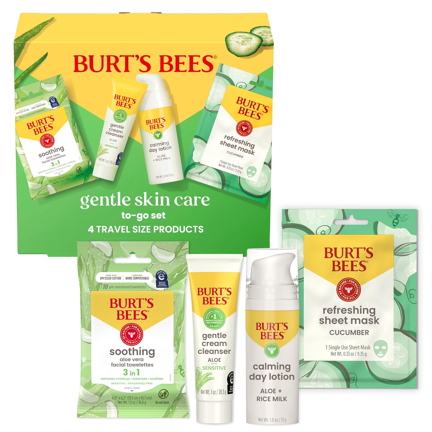 Burt's Bees Gentle Skin Care To-Go Set, Includes Cleanser, Towelettes, Lotion and Sheet Mask, Travel Size Facial Skin Care Products for Sensitive Skin, Natural Origin, 1 Gift Set