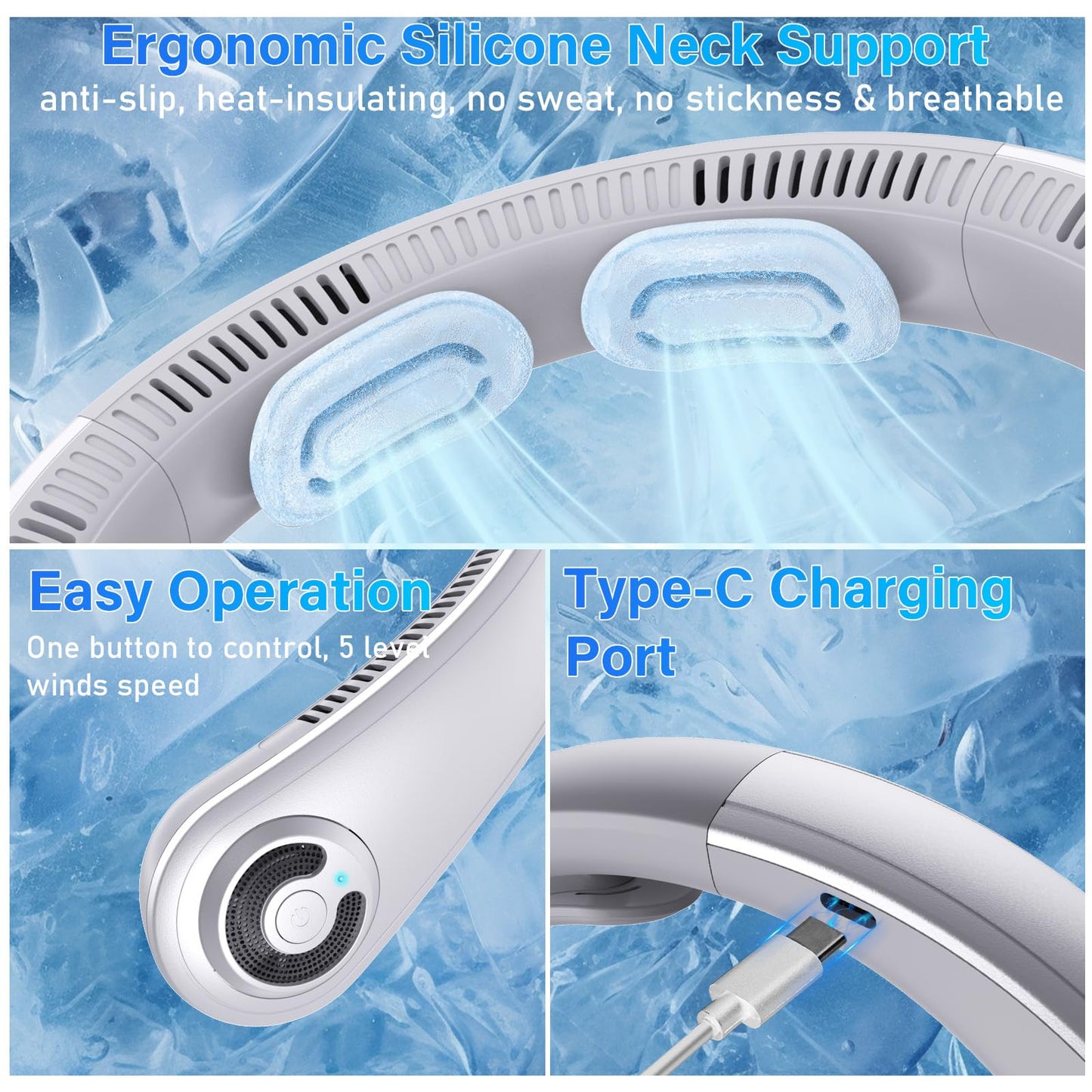 Neck Fan - Portable Neck Fan with Neck Support, 5 Speeds, All Around Airflow, Hand-free Bladeless Personal Cooling Fans, Rechargeable Wearable Fan for Outdoor and Indoor, Festival Gifts for Men Women