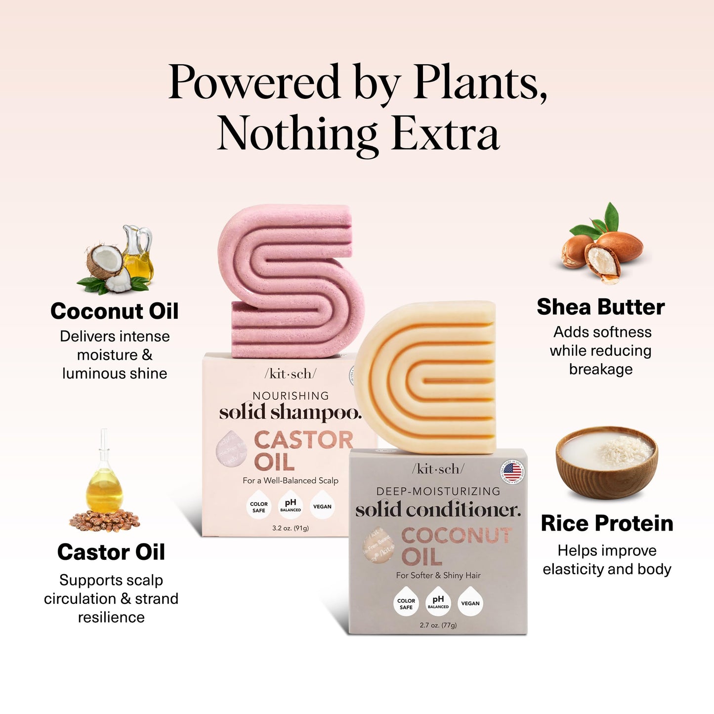 Kitsch Castor Oil Shampoo Bar & Coconut Oil Conditioner Bar – Nourishing Shampoo and Conditioner Set for Dry, Damaged Hair – Strengthening Hair Care, Hydrating & Deep-Moisturizing - 2pc set