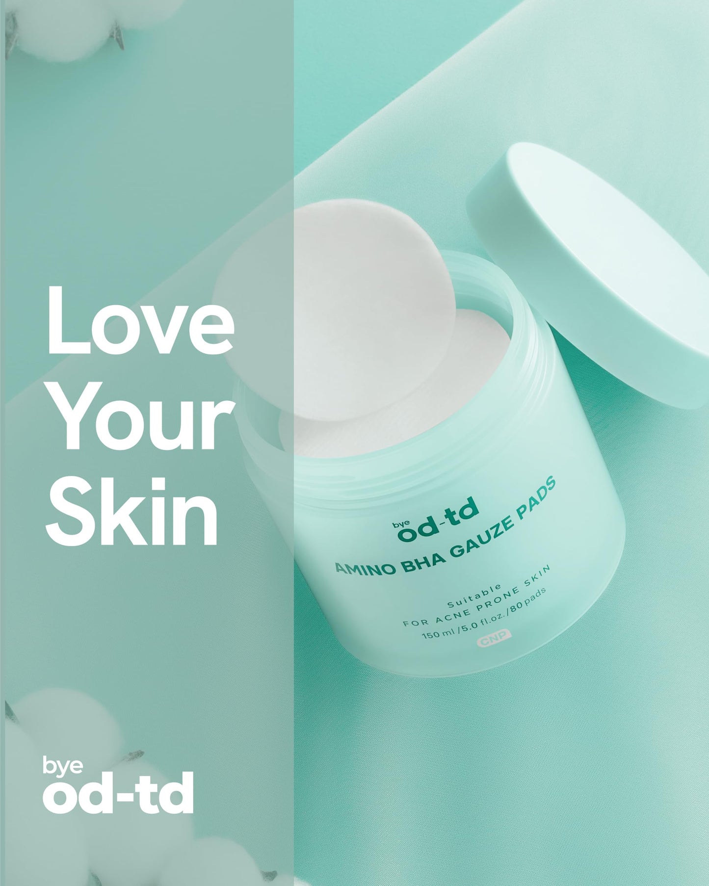 bye od-td Amino BHA Pads (80 Count) - Pre-Soaked Oil Control Cotton Pads for Gentle Exfoliation, Soothing & Hydration, Korean Skin Care. Amino Acid, Salicylic Acid, Tea Tree