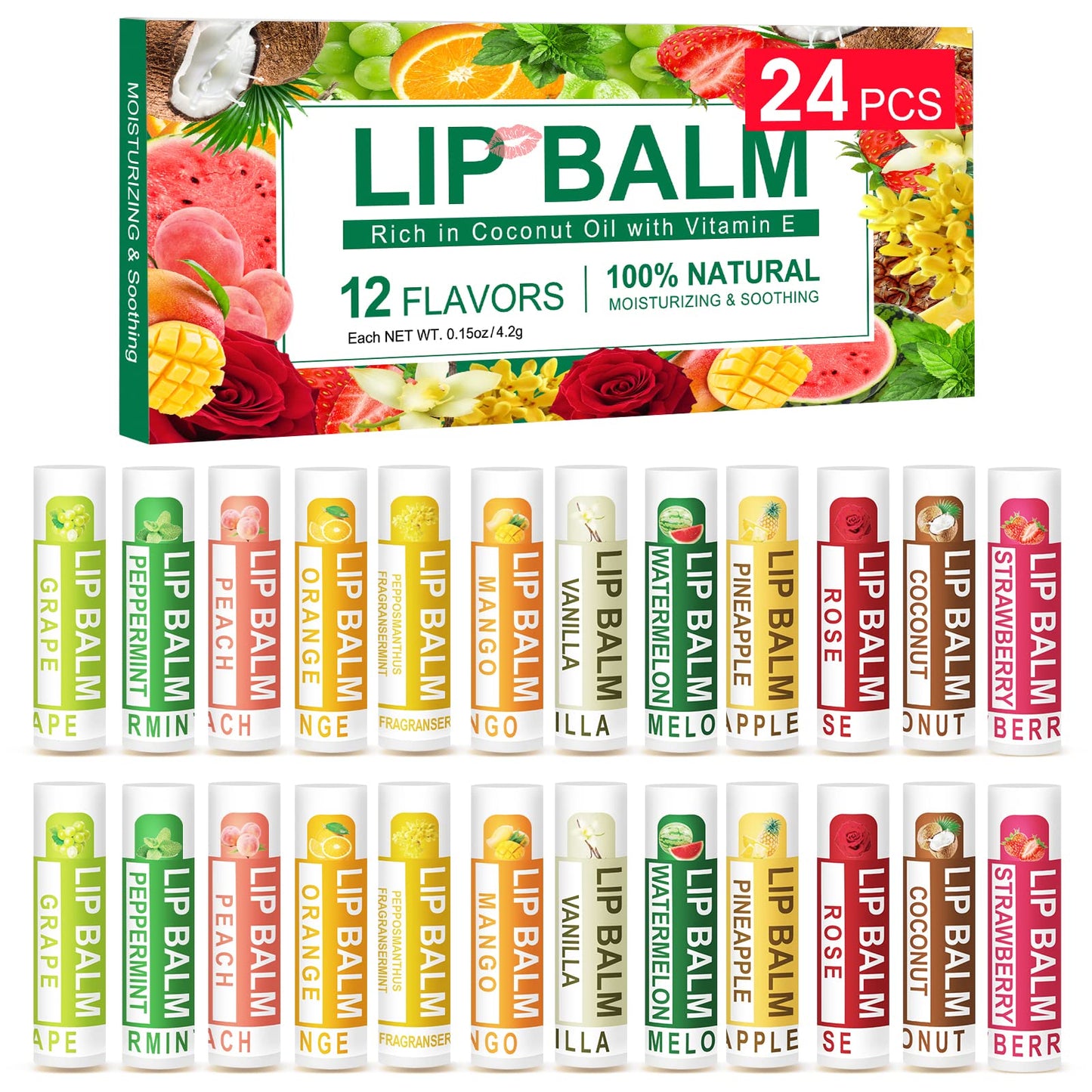 DMSKY Natural Lip Balm Bulk 24 Pack, Moisturizing Lip Balm with Vitamin E and Coconut Oil, Lip Care Product for Chapped Lips-12 Flavors