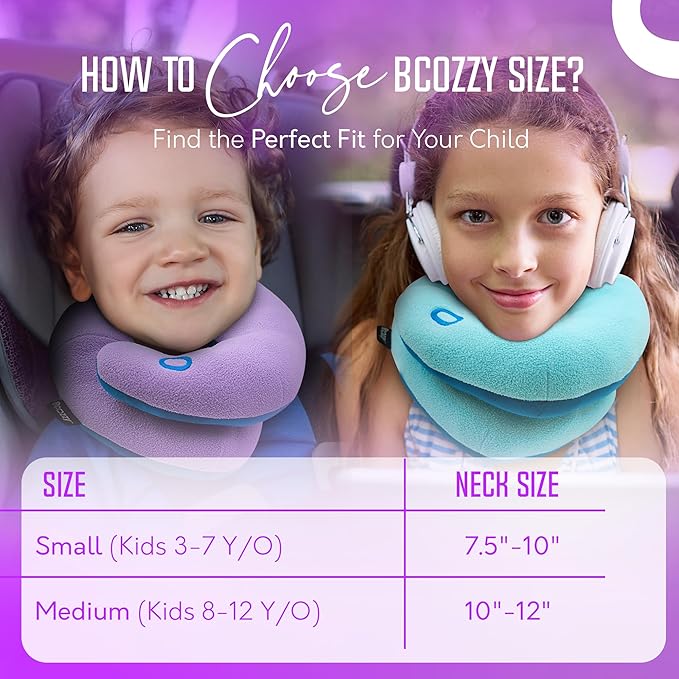 BCOZZY Kids Travel Neck Pillow (8-12 Y/O) – Patented Soft Child Pillow for Head & Chin Support in Car, Airplane, and Road Trip Sleeping. Adjustable Size. Carry Bag. Fully Washable. Medium, Pink
