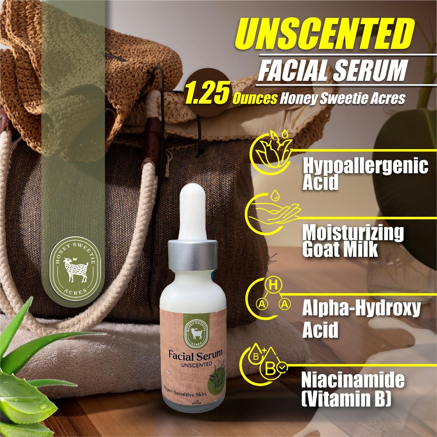 Honey Sweetie Acres Vitamin B Facial Serum with Aloe, Niacinamide, Raw Goat Milk, and Hyaluronic Acid – 1.25 oz