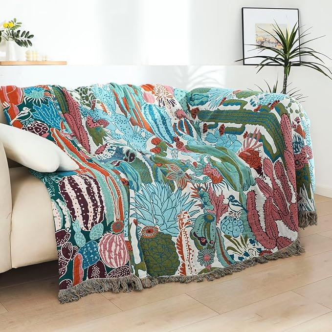 Boho Throw Blanket for Couch, 100% Cotton Cozy Warm Fall Throw Blankets, Ultra Soft Muslin Throw Blankets for Adults, Farmhouse, Boho Home Decors, 60"x80"