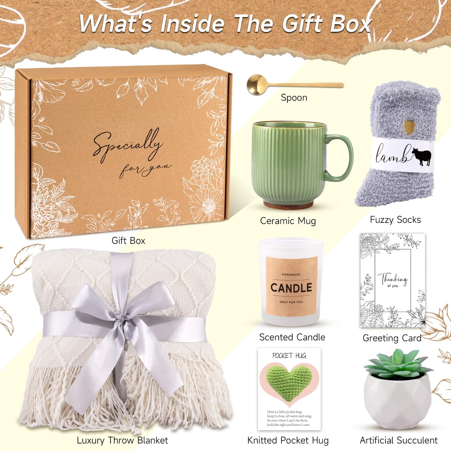 Birthday Gifts for Women, Get Well Soon Self Care Package Box, Thinking of You Inspirational Sympathy Gift Basket, Unique Sending Hug Baskets Feel Better for New Mom Wife Friend Sister (Ivory)