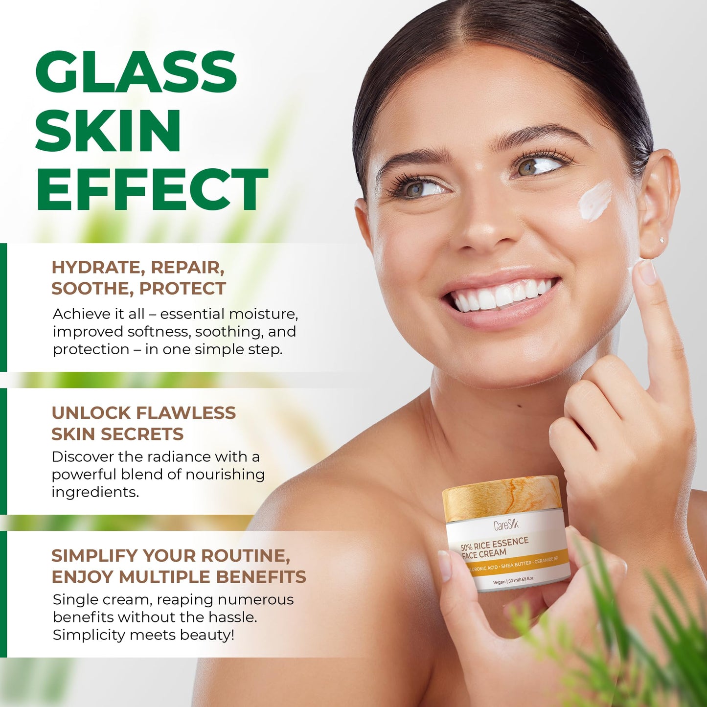 CARESILK Rice Cream for Face - Organic Rice Ceramide Moisturizing Cream with Hyaluronic Acid - Natural Rice Eye Cream - Vegan Facial Essence - Face Cream