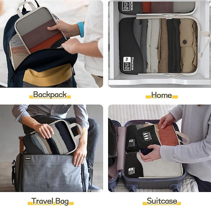 Compression Packing Cubes 8 Set, Dual Zipper Compression Packing Cubes for Travel, See-Through Mesh Packing Bags for Suitcases, packing cubes with shoe bag (Black)