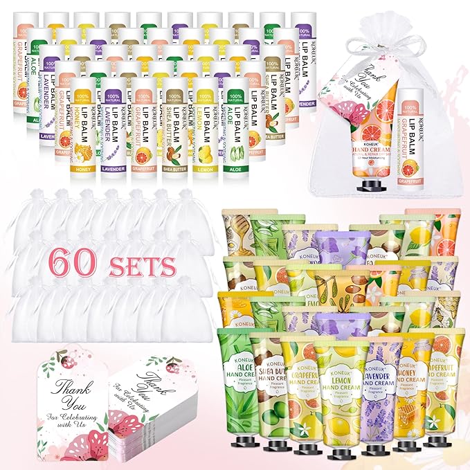 60 Pack Hand Cream Bulk and Lip Balm Bulk Sets, Bridal Shower Gifts, Bridesmaid Gifts and Baby Shower Party Favors for Guests, Employee Appreciation Gifts, Birthday Gifts and Small Gifts for Women