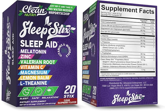 Sleep Aid Melatonin Powder Tryptophan Glycine Valerian Root Magnesium For Sleep Lemon Balm L Theanine Magnesium Glycinate Zinc Sleep Aid Myo Inositol GABACalm B6 5 HTP Stress Relief 20 Stix
