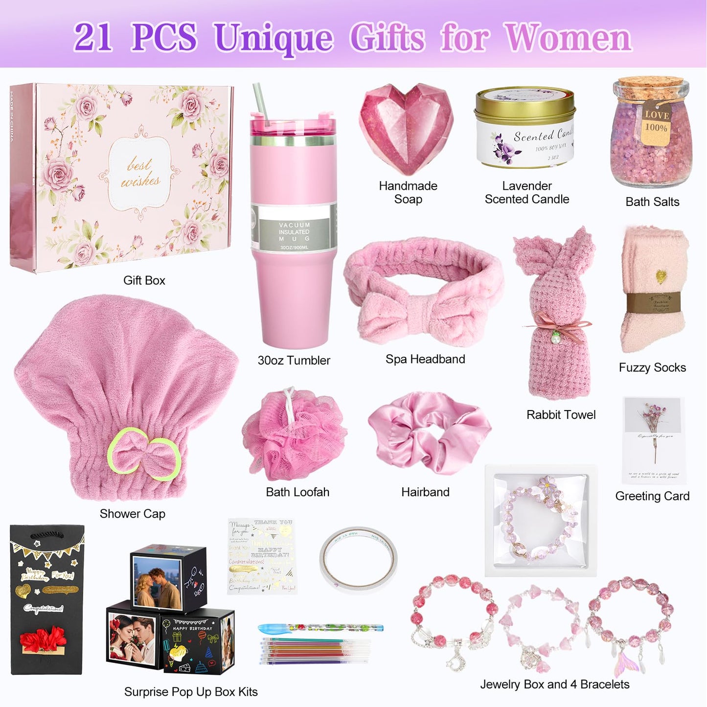 Birthday Gift Baskets for Women, 21 Piece Handmade Surprise Photo Pop Up Box Self Care Gift for Friend Mom Her Sister Wife Girlfriend Coworker, Get Well Soon Relaxing Spa Gifts, Unique Gifts Ideas