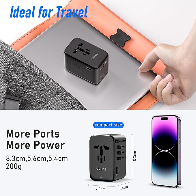 120W Universal Travel Adapter, GaN III International Power Adapter, 4 USB-C 1 USB-A Ports, AC Outlet, Worldwide US/UK/EU/AU Travel Charger for Cameras Laptops Tablets Phones and More