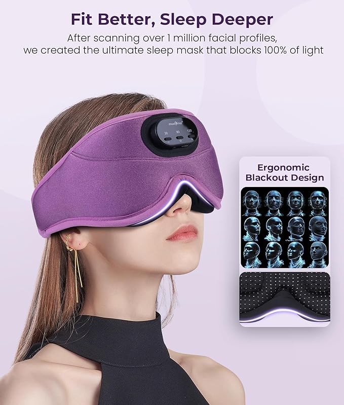 MUSICOZY 3D Bluetooth Sleep Mask with Headphones and Timer, Wireless Sleep Headphones for Side Sleepers, Eye Mask with Bluetooth Headphone, Purple