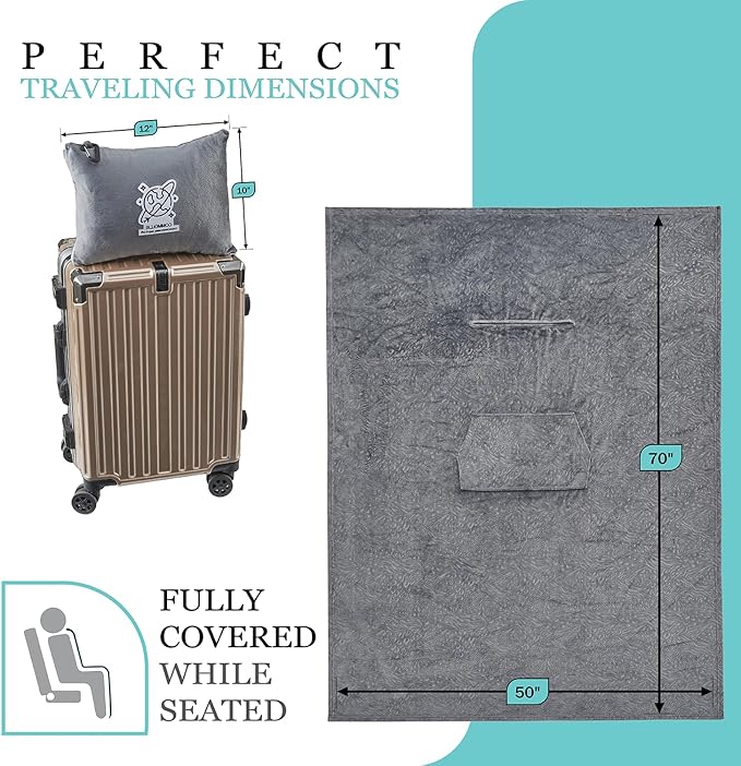 Commollis 2-in-1 Travel Blanket & Pillow for Airplane, Car, Train - Warm Compact Flight Blanket with Luggage Strap & Backpack Clip, Machine Washable, All-Season Use