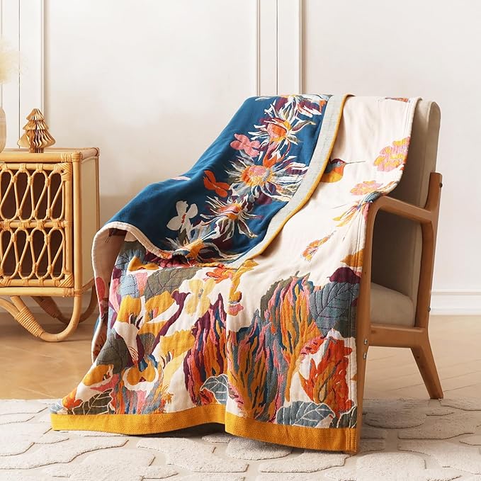 Boho Throw Blanket for Couch 100% Cotton Ultra Soft Rustic Quilt Butterfly and Floral Double Embroidery Fall Throw Blanket,50" x 60" All Season Throws for Sofa Chair