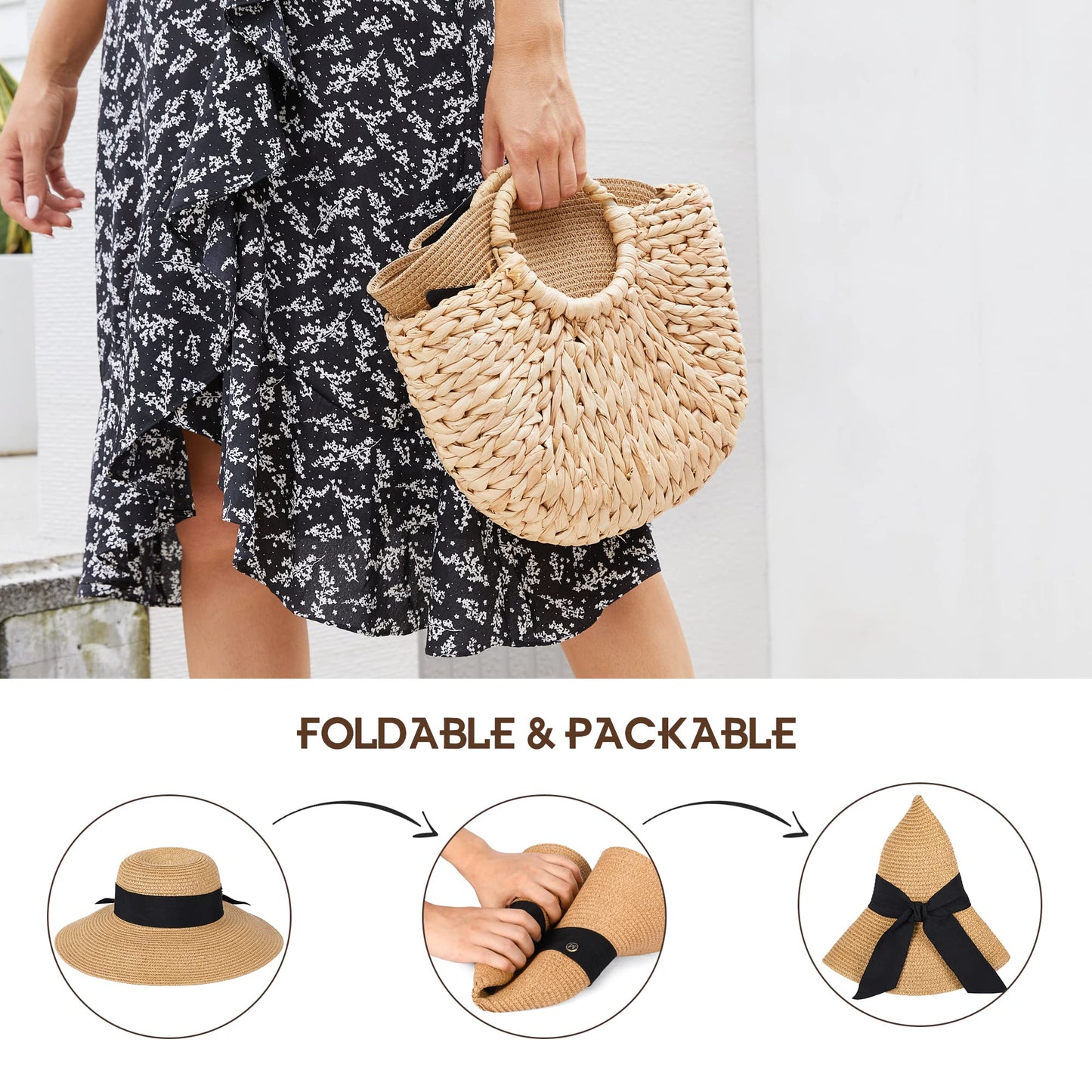 Beach Hats for Women, Wide Brim Sun Hat for Women, UPF 50+ UV Sun Protection Sun Straw Hat Womens, Floppy Sun Hat Foldable Roll up Cap A-Khaki