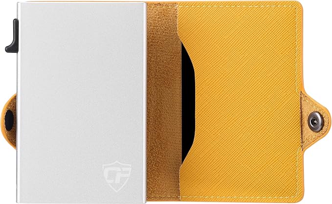 Card Blocr Womens Slim Wallet for Small Purses, Pop Up Wallet with Anti Theft RFID Blocking Credit Card Holder for Women in Orange PU Saffiano Leather