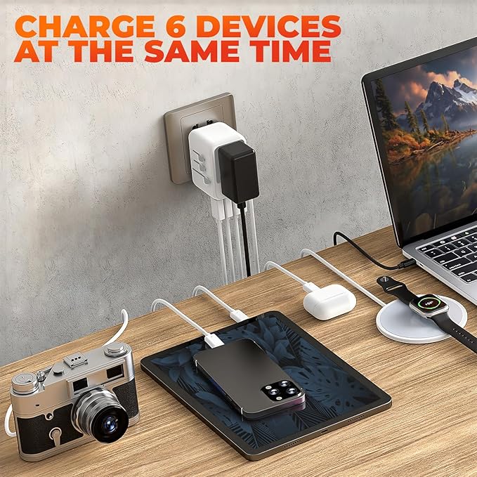 6 in 1 Universal Travel Adapter-10A | International Power Adapter with 3 USB C, 2 USB A Ports | 2500W Fast Portable Charger | Travel Adapter Worldwide Covering 200+ Countries- White