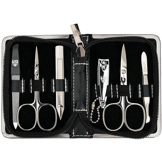 3 Swords Germany - brand quality 6 piece manicure pedicure kit set for professional finger & toe nail care with synthetic leather case - Made in Germany - black