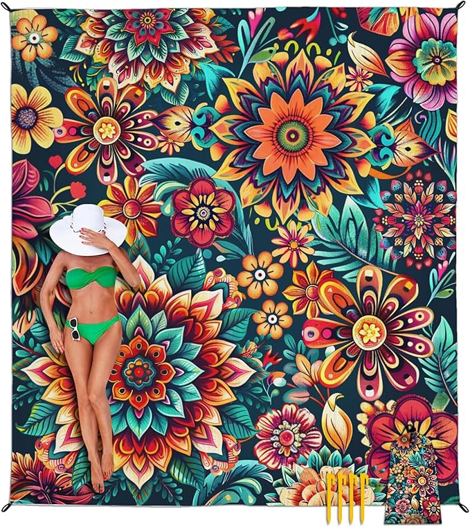 Beach Blanket Waterproof Sandproof, Bohemian Flowers Oversized Extra Large Beach Mat 83"×95"/8 × 7 FT for 1-7 Adults for Picnic Travel Hiking, Quick Drying Lightweight Camping Vacation Essentials