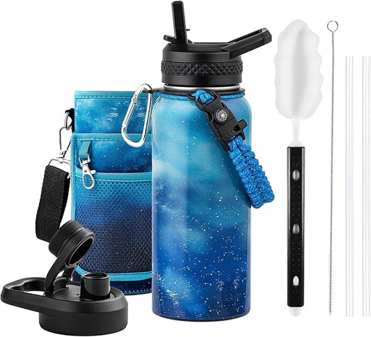 32oz Insulated Water Bottle, Triple Wall Vacuum Stainless Steel Water Bottles - Keeps Cold 48H, Reusable 1/4 Gallon water flask Jug for Gym, Sports, Camping, Hiking,Travel, Starlight Blue