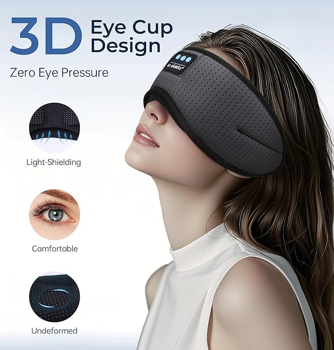 LC-dolida Bluetooth Sleep Mask with White Noise，Sleep Headphones,Bluetooth Wireless Music Eye Mask, Ideal for Travel, Night Work, Napping, Side Sleeping and Office Use for Both Men and Women(Grey)