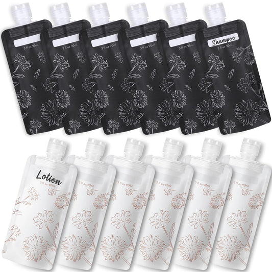 PACKISM Travel Containers for Liquids - 12 Pack Leak Proof 3oz TSA Approved Liquid Travel Pouches, Stand Up, Slim & Lightweight Design, Space Saving, Pack More Shampoo Conditioner Lotion Body Wash