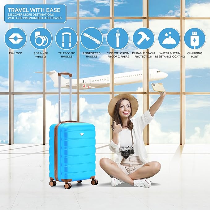 Carry On Suitcase Hardside TSA Lock & USB Port Silent Double Spinner Wheels Maximum Overhead Carry-On Bag Approved For Many Airlines( 22x18x10" ,Turquoise/Tan )