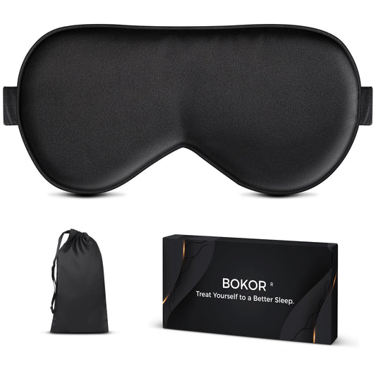 BOKOR Silk Sleep Mask, Eye Mask for Sleep, Mulberry Silk Luxury Eye Cover, Light-Blocking, Skin-Friendly & Lightweight, Reduces Puffy Eyes - with Travel Bag & Gift Package - Black