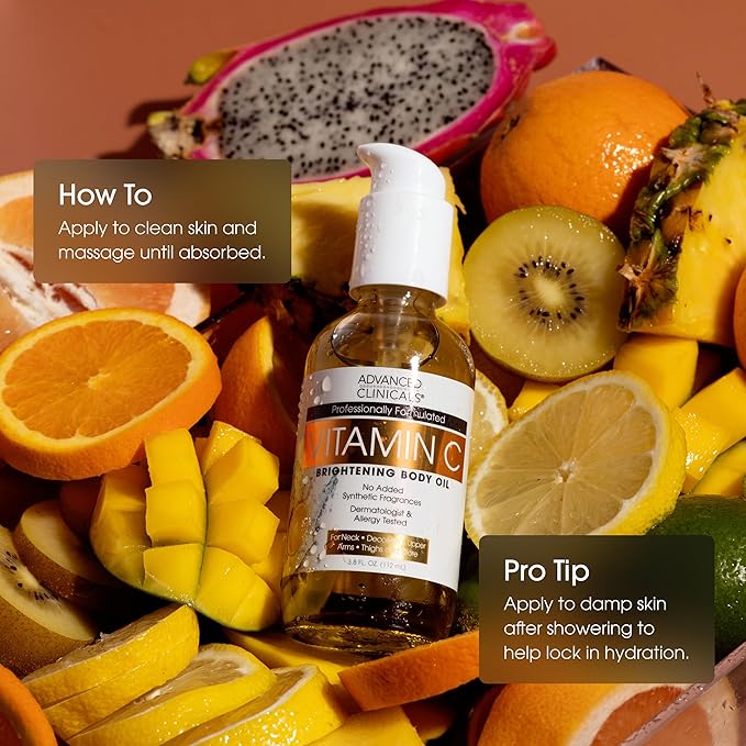 Advanced Clinicals Vitamin C Brightening Body Oil For Women & Men | Vitamin C Oil Skin Care Body Moisturizer With Vitamin E + Botanicals To Help Improve Appearance Of Dark Spots + Dry Skin, 2PC