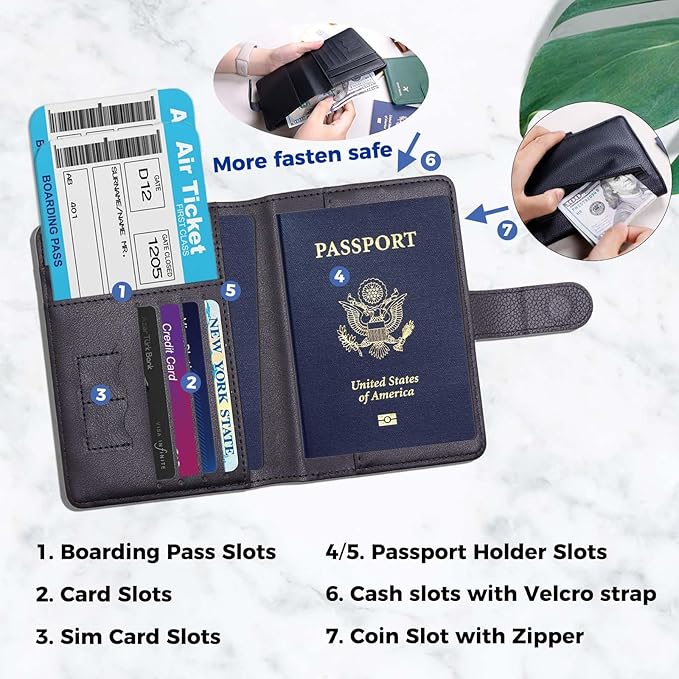 Cnycmy Passport Holder with RFID Blocking, Cash Pocket & Back Zipper Coin Pocket - Travel Document Holder, Magnetic Button, Multiple Card Slots - Soft PU Leather for Men and Women (BLACK)