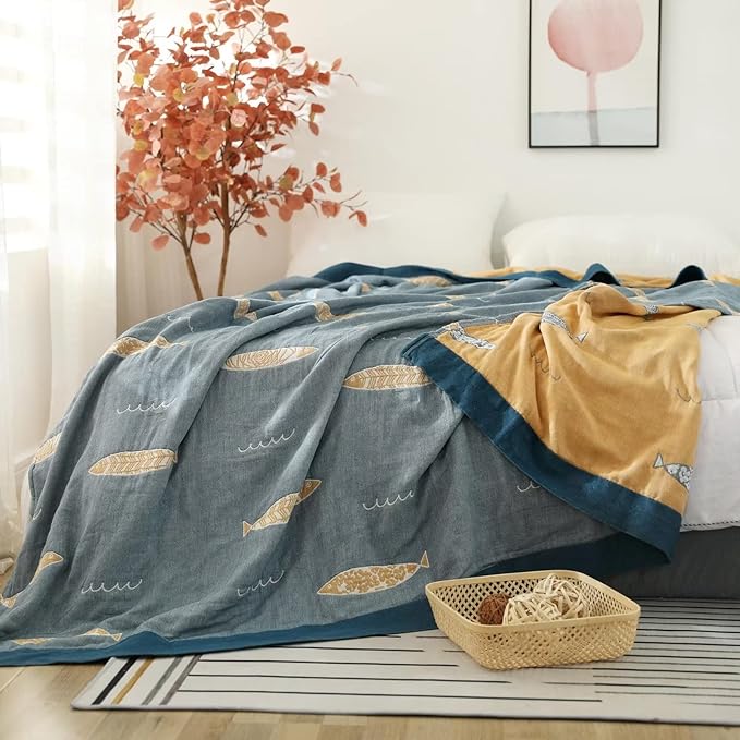 Boho Throw Blanket for Bed 100% Cotton Ultra Soft Rustic Quilt Fall Blanket Fish Printed Farmhouse Decor Bed Blankets,60"×80" All Season Rustic Throw for Sofa Couch Chair