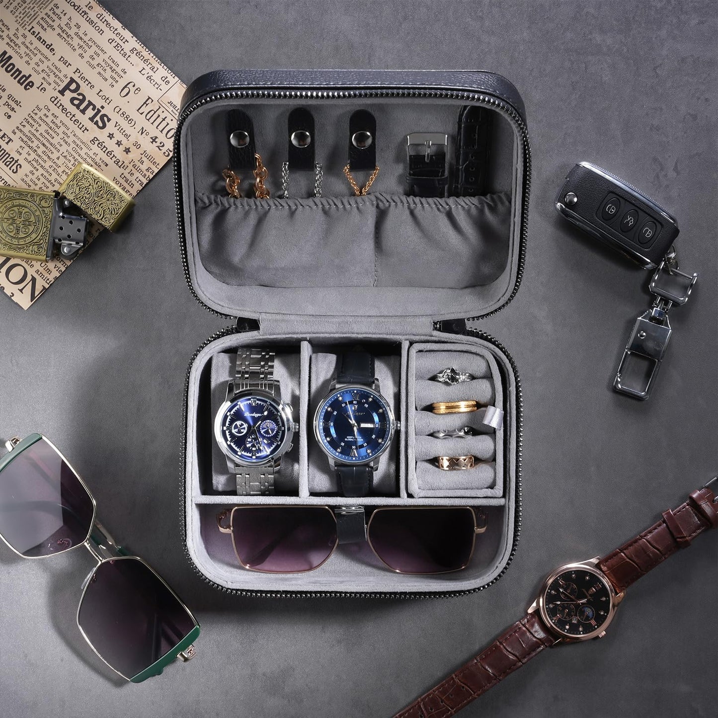 ProCase Travel Watch Case, 2 Slots PU Leather Mens Jewelry Box, Portable Watches Cufflinks Accessories Storage Case, Zippered Carrying Organizer Bag for Man -Black