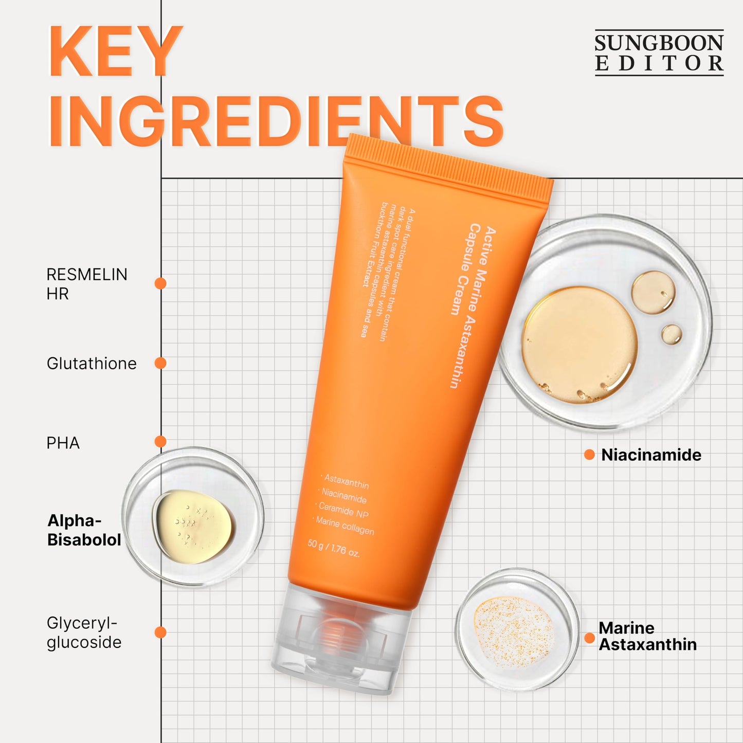 SUNGBOON EDITOR Active Marine Astaxanthin Capsule Cream 50ml | Facial Cream for Brightening | Deep Hydration, Soothing, Moisturizer