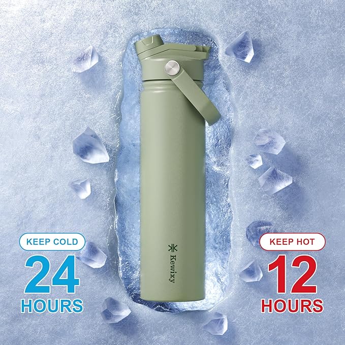 24 oz Insulated Water Bottle, 2-in-1 Lid, Straw & Spout with Protected, Leak Proof, Keep Cold, Stainless Steel, Metal, Reusable, Handle, for Travel, Gym and School, 2 Lids, Sage Green