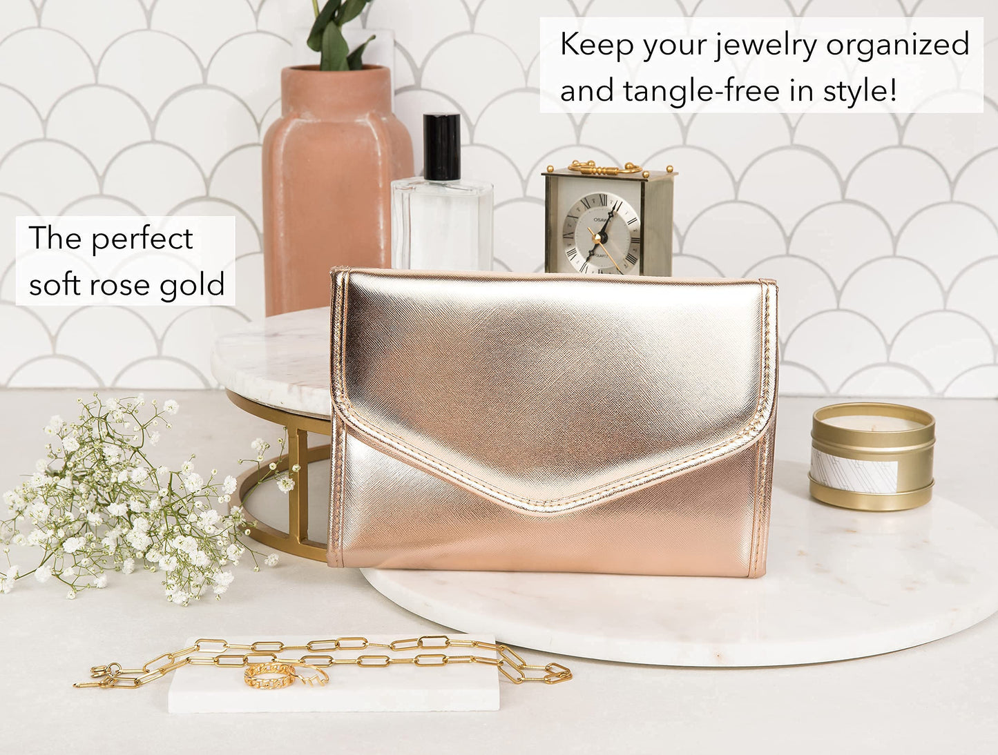 Altitude Boutique Travel Jewelry Organizer Roll Foldable Jewelry Case for Journey Packing Vacation-Rings, Necklaces, Bracelets, Earrings (Rose Gold, Medium)