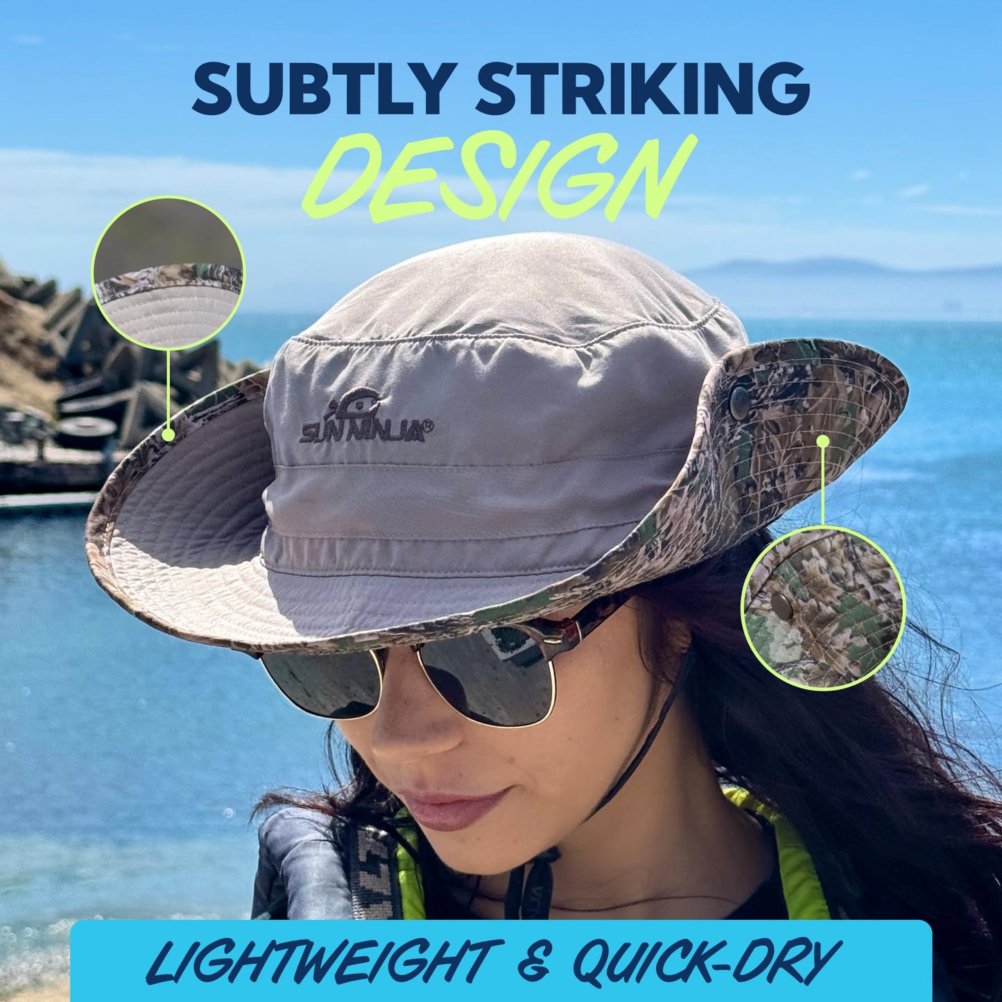 SUN NINJA Bucket Hat for Men & Women, Cooling with Adjustable Strap, Wide Brim, UPF UV 50+ Protection, Foldable Boonie Hat for Fishing, Hiking, Beach, Safari, Kayaking, SUPing - Palm Trees