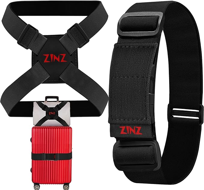 2-Pack Elastic Luggage Straps with Suitcase Bungee, Adjustable Bag Belt Travel Accessories -Black/Red