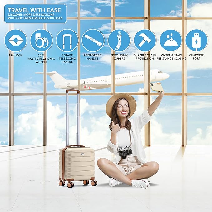 Carry On Suitcase Hardside TSA Lock & USB Port Silent Double Spinner Wheels Maximum Underseat Carry-On Bag For Virgin & South West Approved Airlines( 16.25x13.5x8" ,Cream/Tan )
