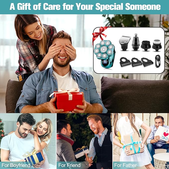 9D Electric Head Shaver for Bald Men, Upgraded 5-in-1 Waterproof Wet/Dry Grooming Kit Electric Shaver for Men, Cordless Rechargeable Bald Head Razor for Home&Travel