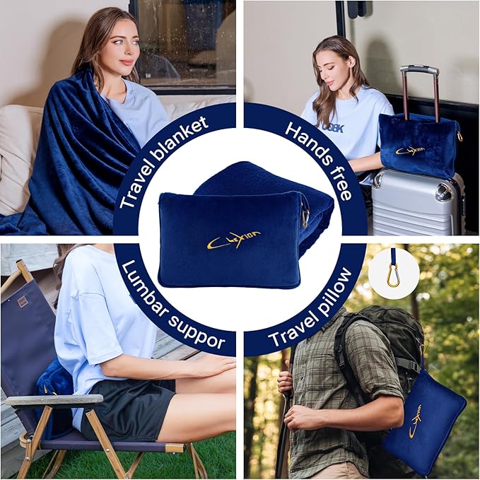 Travel Blanket & Pillow Set, 300 GSM Soft Fleece, 60x43 Inches, 3-in-1 Airplane Blanket, Travel Pillow and Blanket Set, Travel Blanket Airplane Compact with Bag, Travel Essentials, Navy
