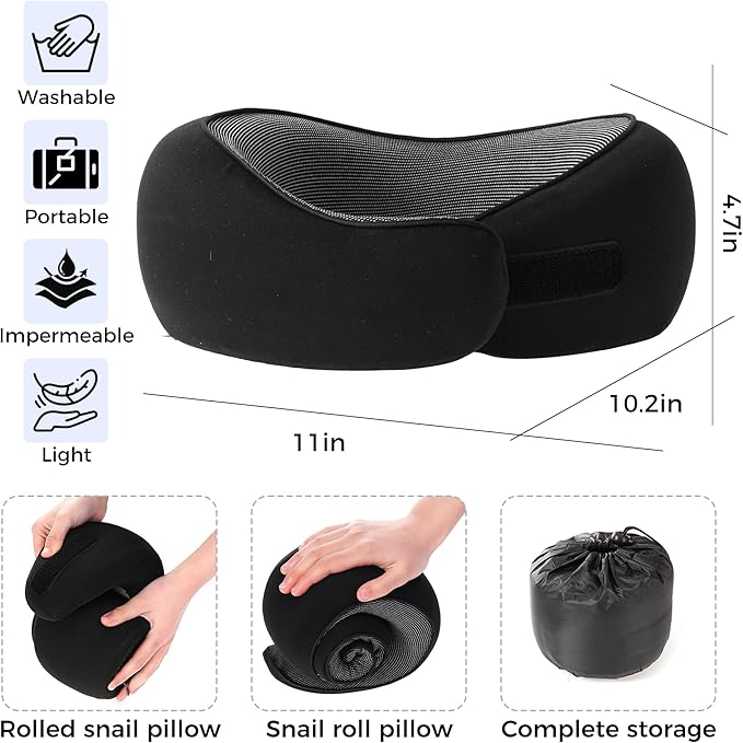 Travel Pillow,Travel Neck Pillows for Airplanes,Comfortable Breathable Cover,Memory Foam 360 Degree Support Stowable Pillows,Ideal Accessory for Sleeping Offices and Cars(Pure Black)