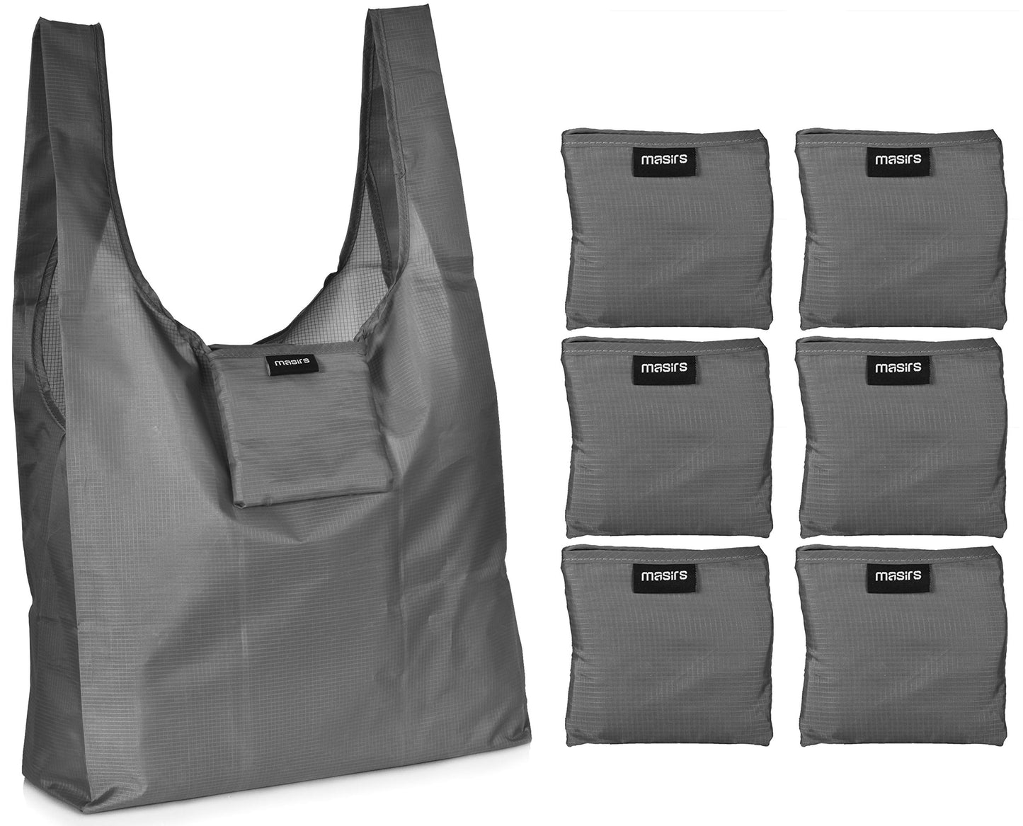 Masirs Reusable Grocery Bag (6-PACK | GREY) - Reusable Ripstop Bags - Large, Strong Eco Friendly Bags - Foldable Shopping Bag - For Kitchen, Grocery & More - Packable Shopping Bag