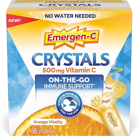Emergen-C Crystals, On-the-Go Emergen-C Immune Support Supplement with Vitamin C, B Vitamins, Zinc and Manganese, Orange Vitality - 56 Stick Packs