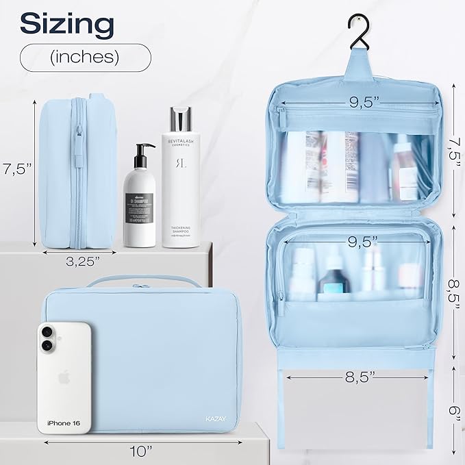 KAZAY Hanging Toiletry Bag with TSA Approved Detachable Pouch, Travel Toiletry Bag, Water Resistant, Premium Nylon, Travel Size Toiletries, Cosmetic Bag, Unisex (Light Blue)