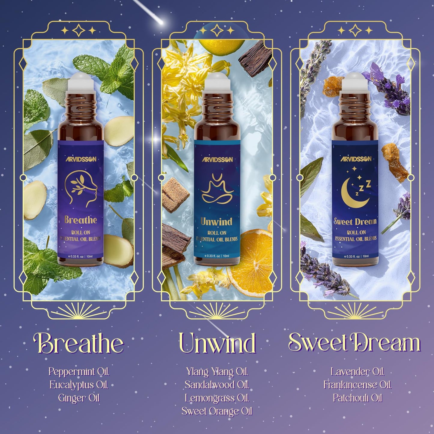 Essential Oils Roll On Set, Natural Aromatherapy Oil Roller for Body, Skin, Massage, Essential Oil Blends - Sweet Dream, Unwind, Breahte, Balance, Focus, Happy, Gifts for Women