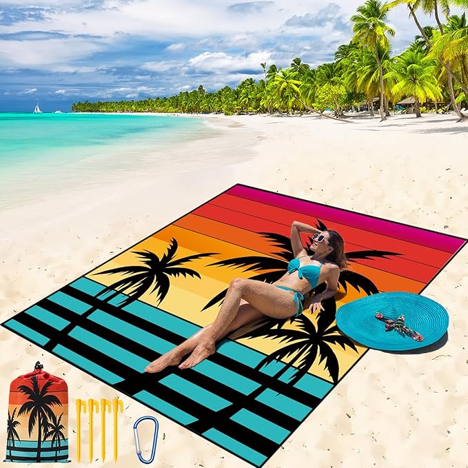 Beach Blanket Waterproof Sandproof Beach Mat 79" X 83"/10'x9'for 2-8 Adults Quick Drying Outdoor Picnic Mat Beach Accessories for Travel, Camping, Hiking